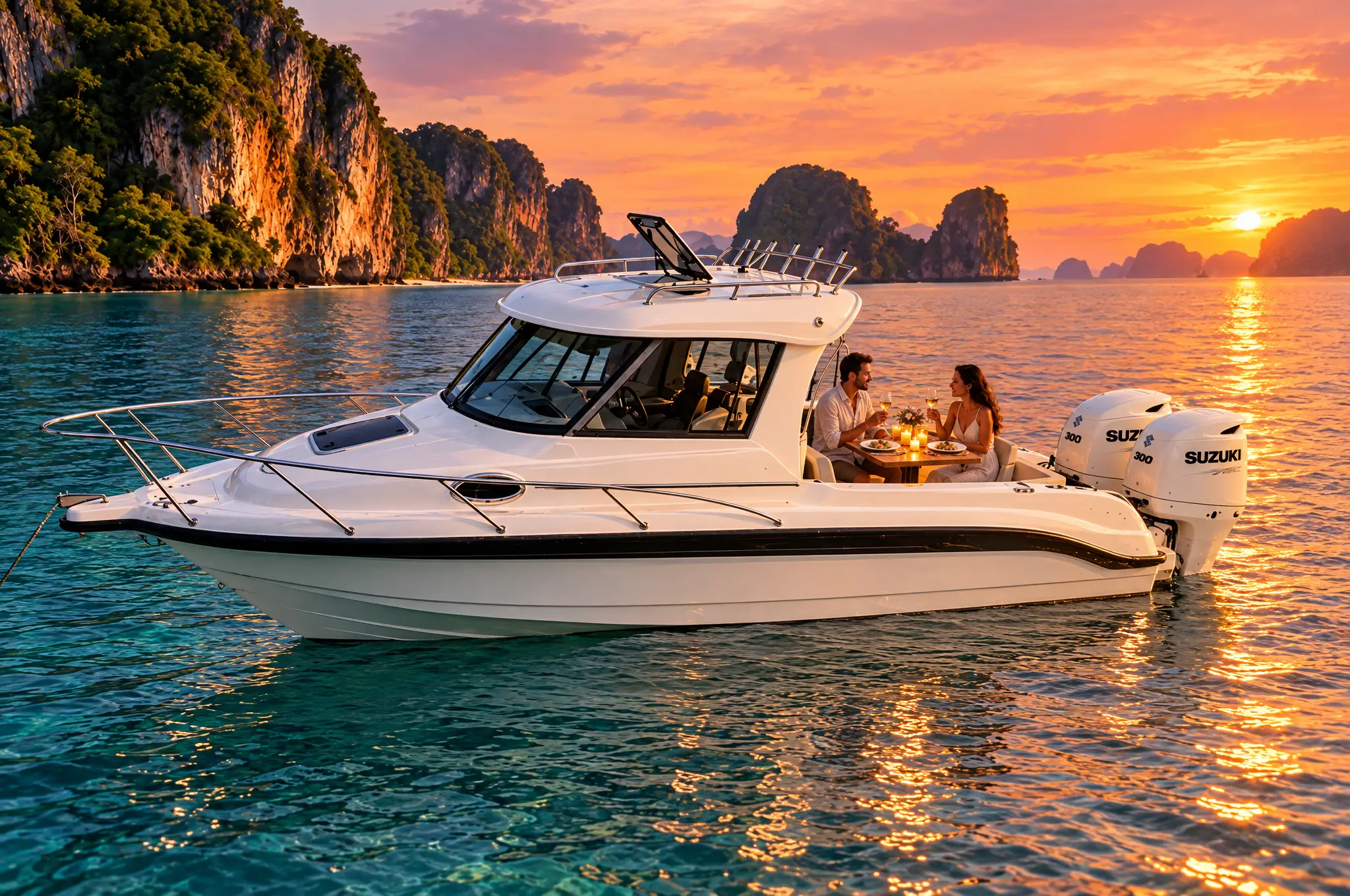 Candlelight-Dinner an Bord des privaten Speedboats im Sonnenuntergang vor Krabi