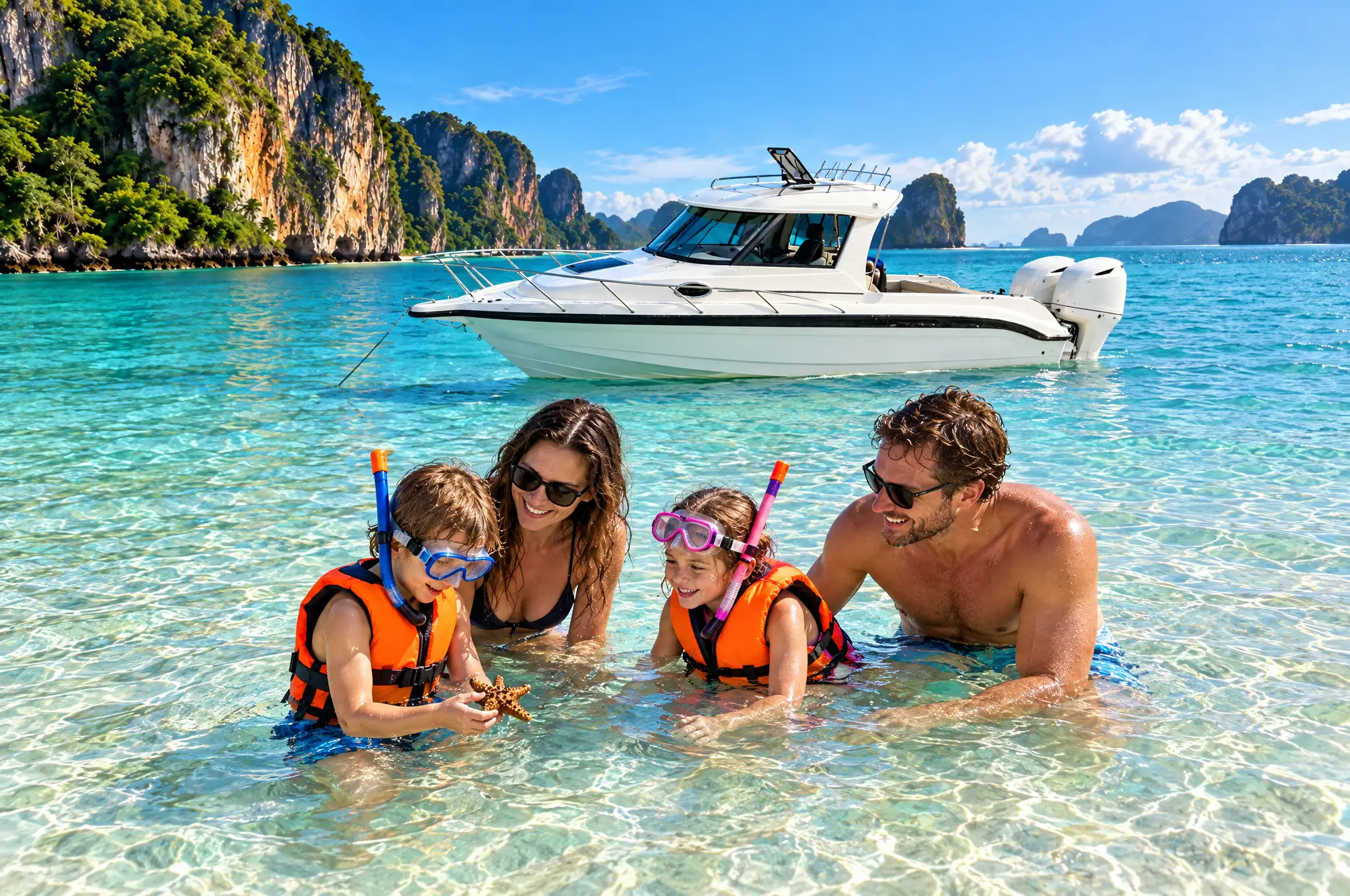 Familie mit Kindern beim Schnorcheln an einer Sandbank bei Krabi