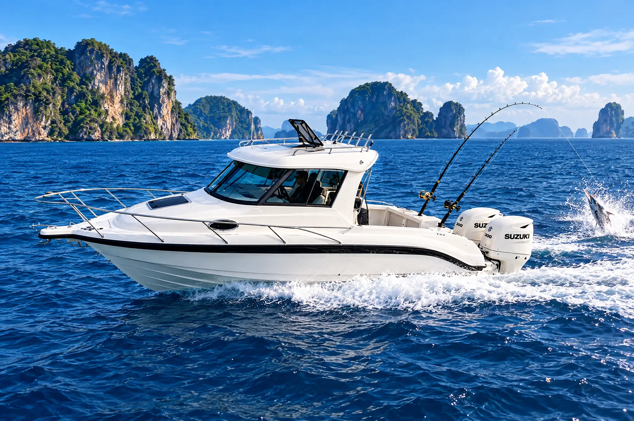 Hochseeangeln vor Krabi: Trolling-Ruten am Heck des Speedboats auf der Andamanensee