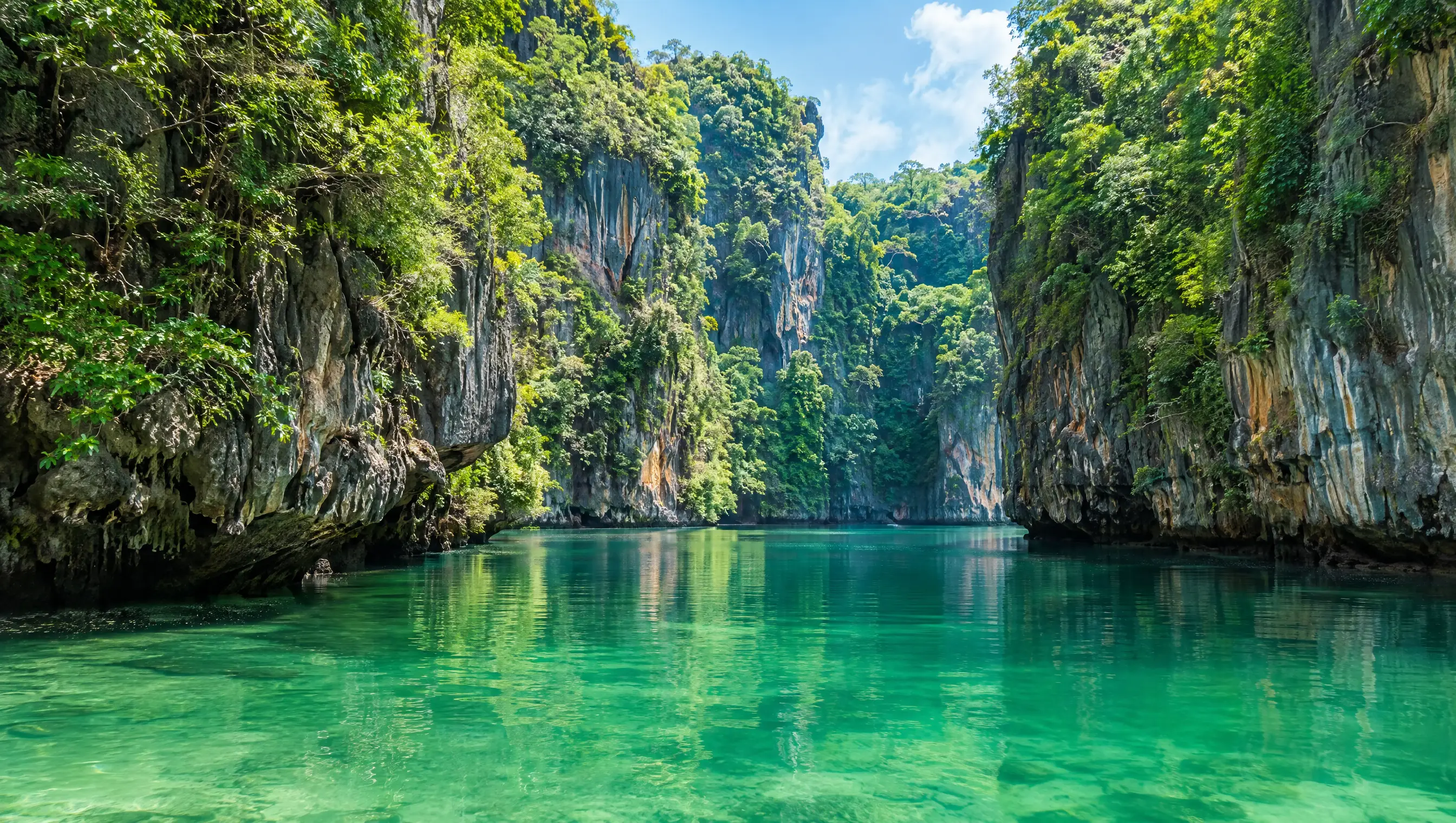 Smaragdgrüne Lagune von Hong Island bei Krabi, umgeben von steilen Kalksteinwänden