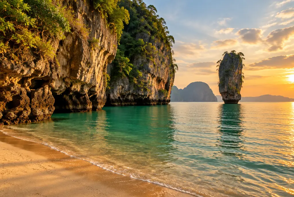 Khao Phing Kan beach cove in Phang Nga Bay with a rock face and the Koh Tapu needle in the background at golden hour