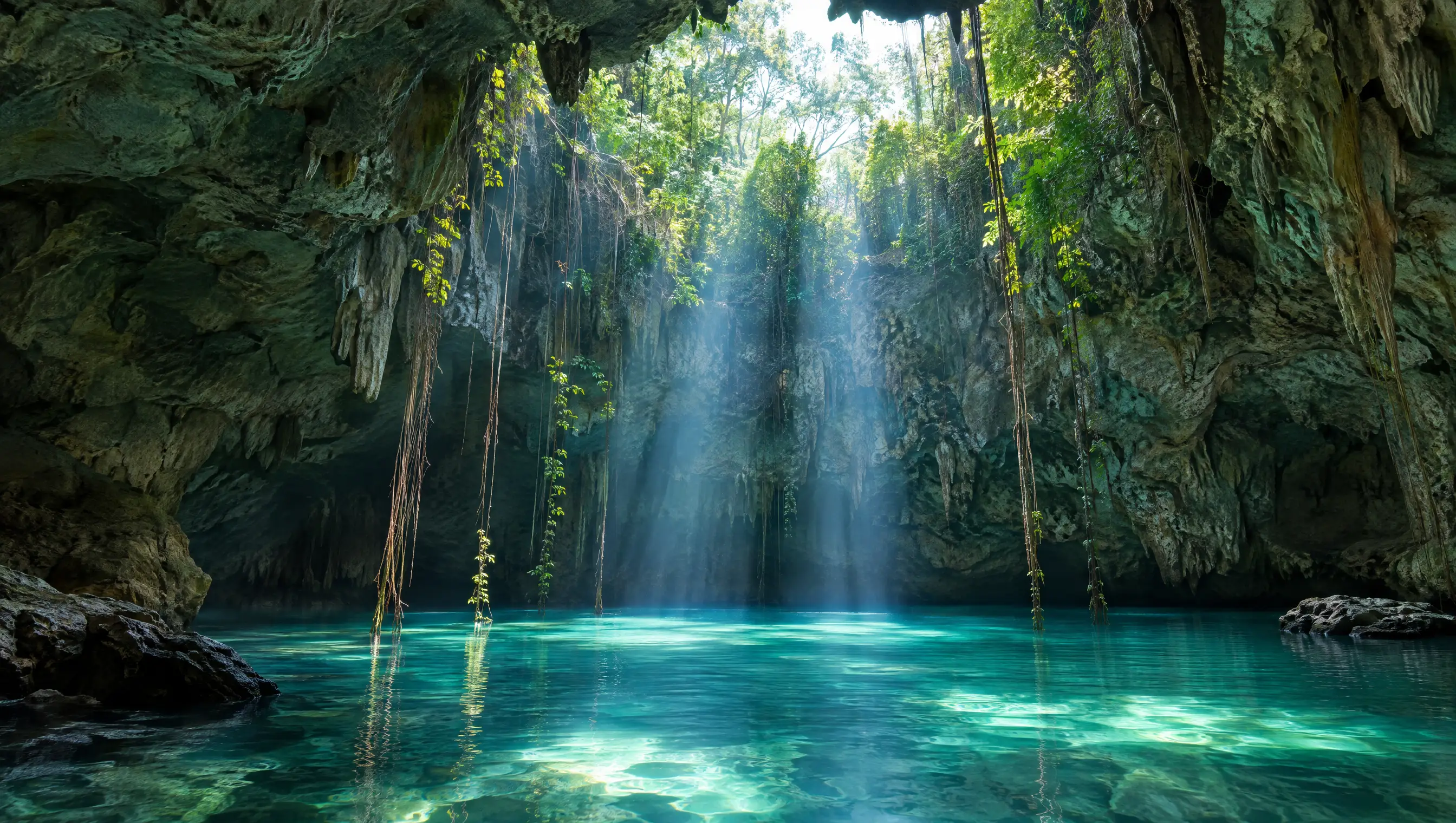 Zum Himmel offene Höhle auf Koh Kudu in der Phang-Nga-Bucht mit grünem Wasser