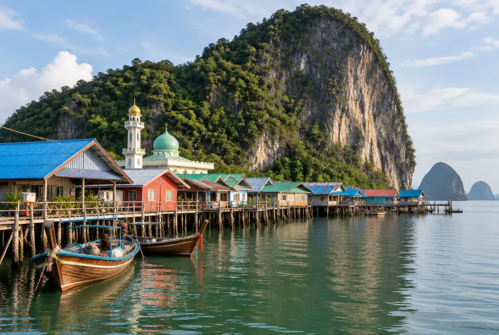 The stilt village of Koh Panyee in front of a rock in Phang Nga Bay