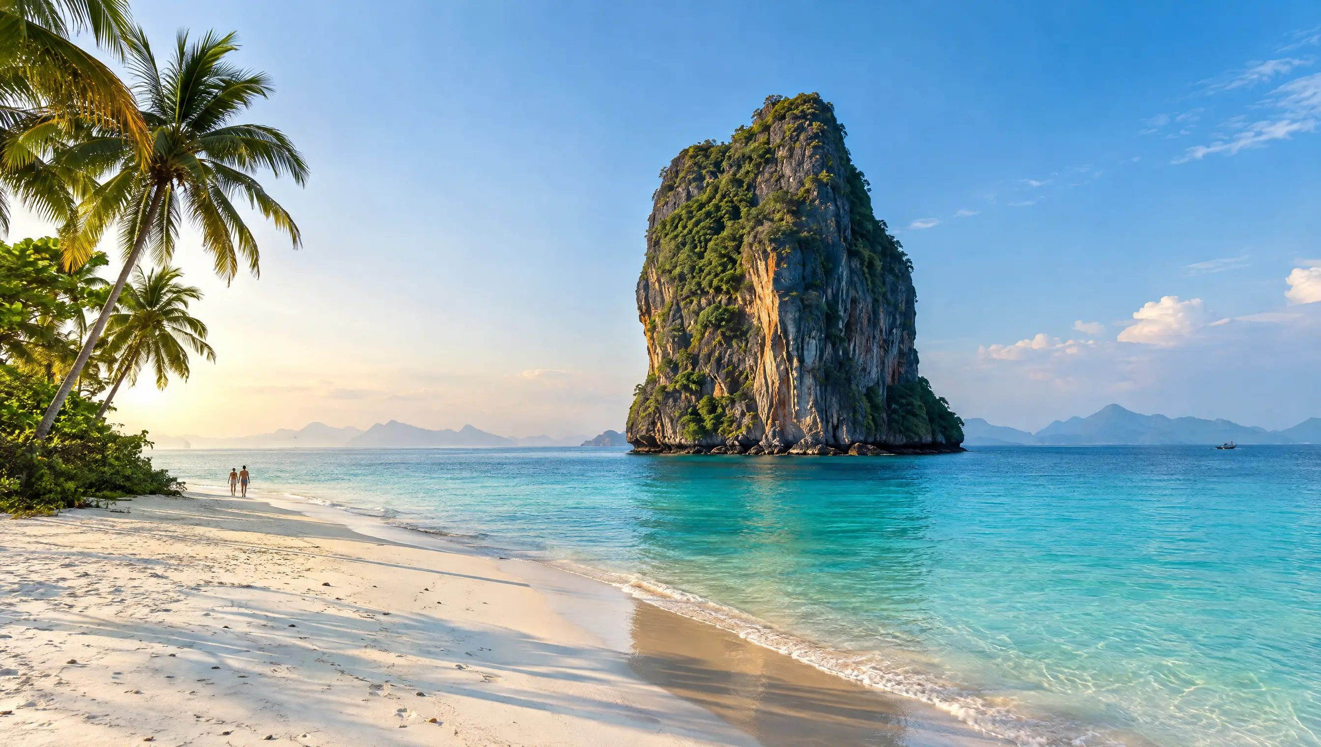 Weißer Sandstrand von Koh Poda bei Krabi mit Kalksteinfelsen und türkisem Wasser