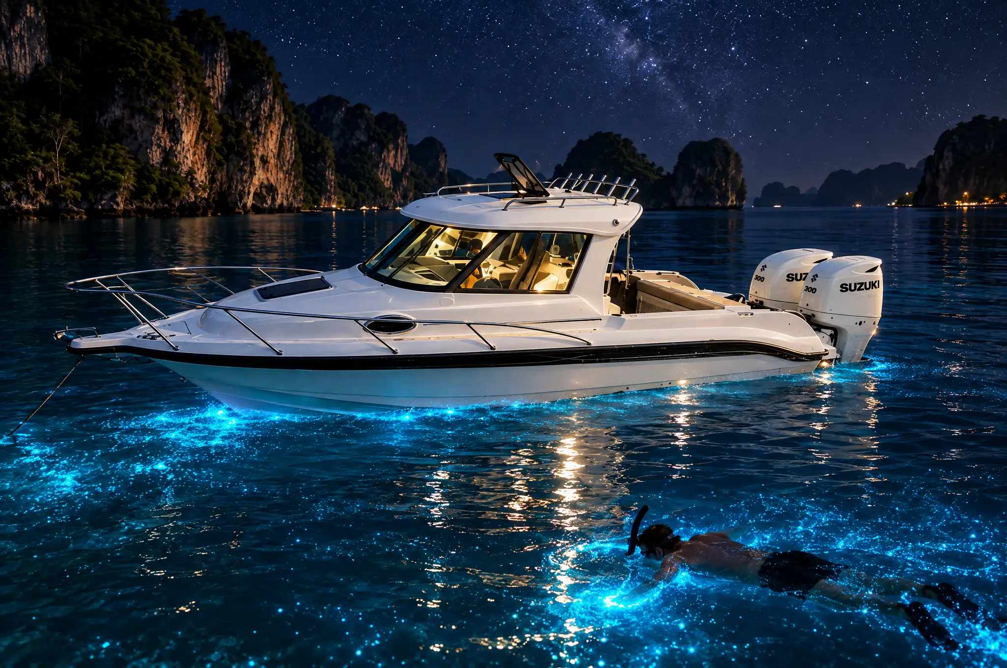 Leuchtendes Plankton bei Nacht: blaue Biolumineszenz im Wasser neben dem privaten Speedboat in Krabi