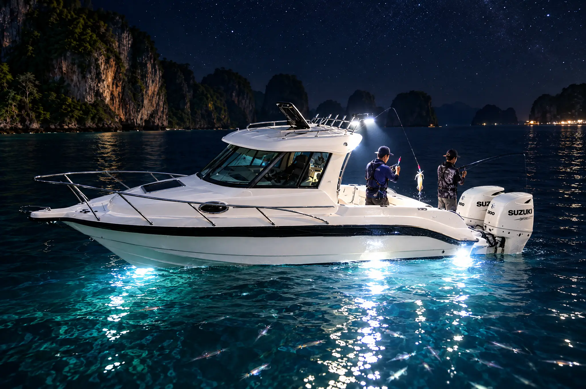 Nachtangeln auf Tintenfisch mit Lampen am Boot vor Krabi