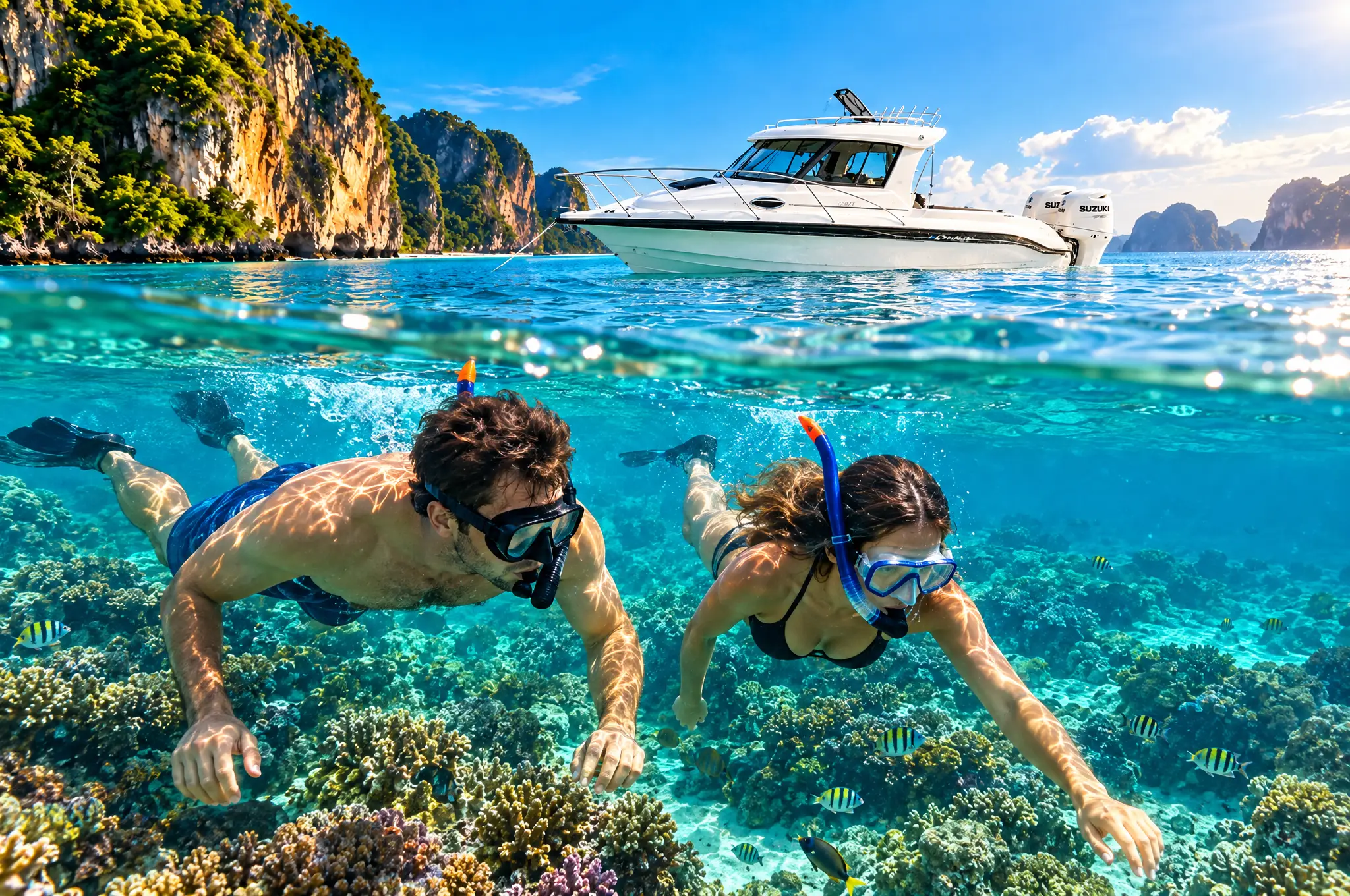 Paar schnorchelt im klaren Wasser neben dem privaten Speedboat bei Krabi