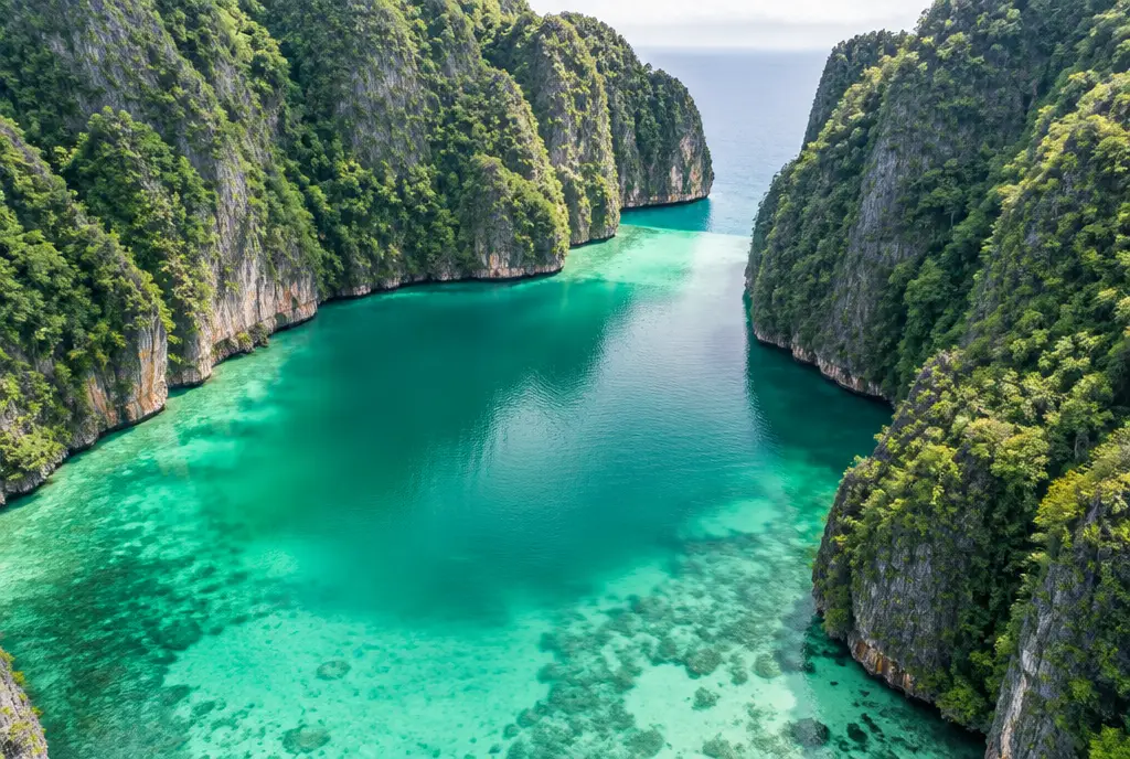 Aerial view of Pileh Lagoon on Phi Phi Leh with emerald-green water between limestone cliffs