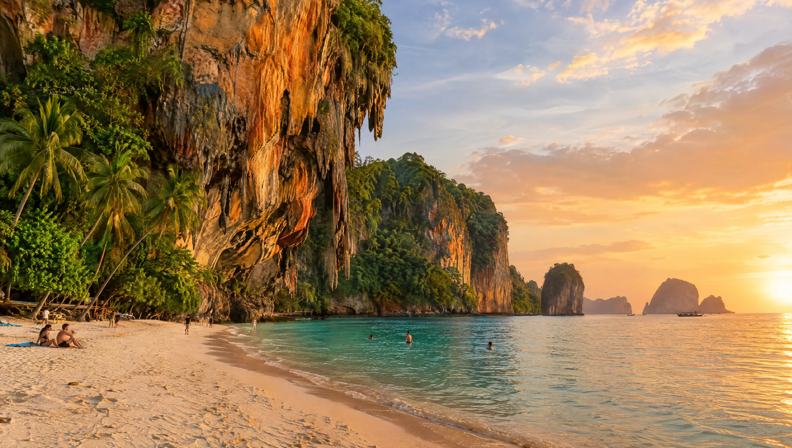 Railay Beach bei Krabi in der goldenen Stunde, gerahmt von Kalksteinfelsen