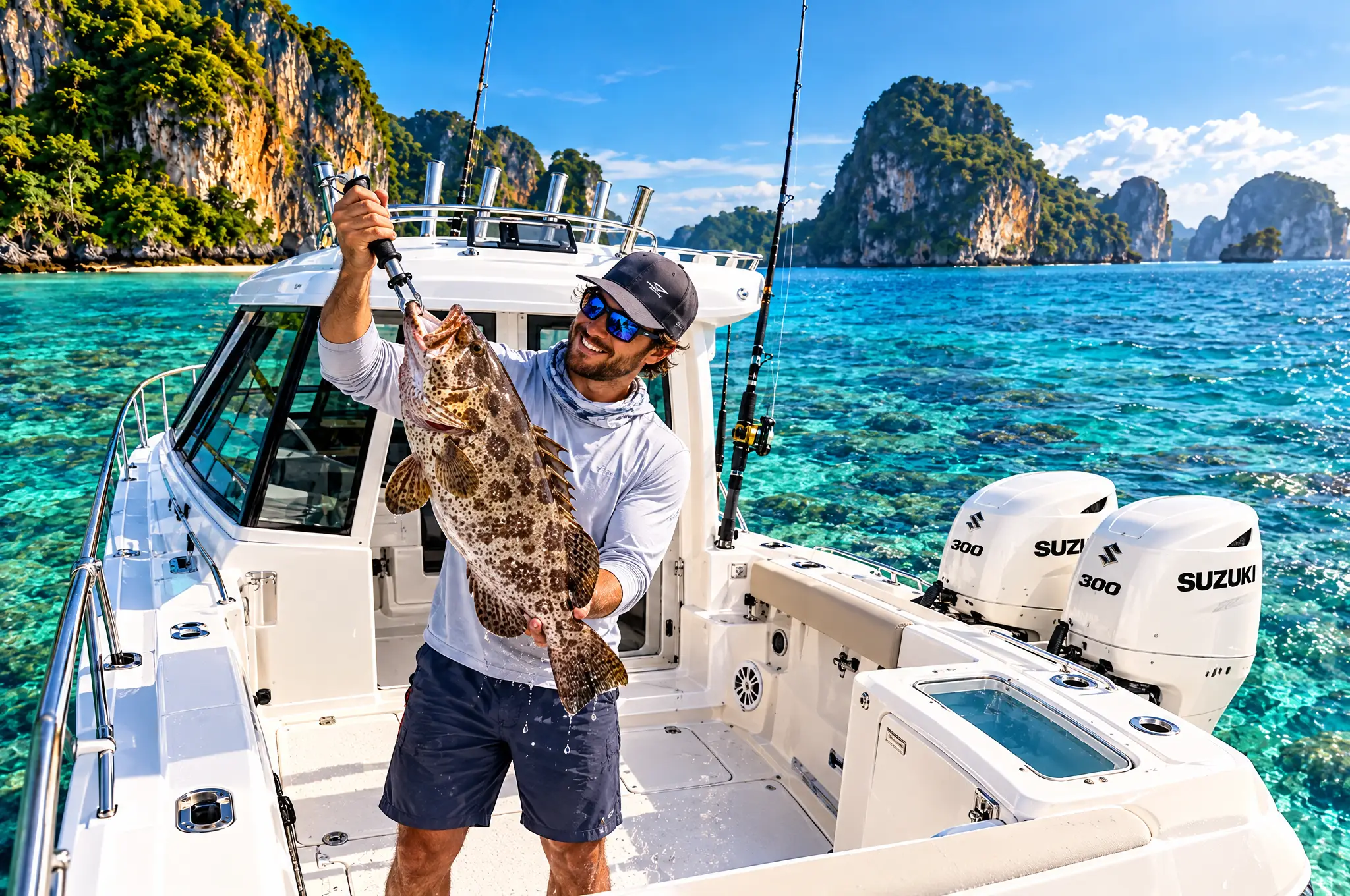 Frisch gefangener Zackenbarsch beim Riffangeln vom privaten Boot bei Krabi