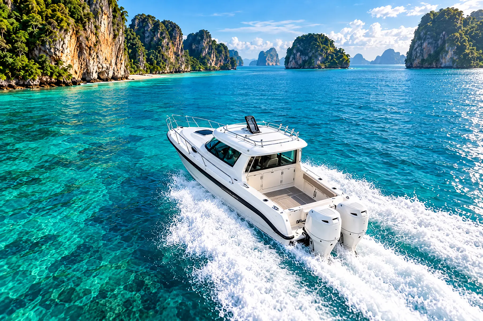 Drohnenaufnahme: Speedboat in türkisem Wasser zwischen Kalksteininseln bei Krabi