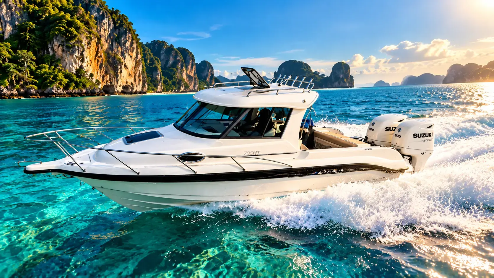 Privates Speedboat von Krabi Secret Islands mit Kajüte und zwei Außenbordmotoren in Fahrt vor Kalksteinfelsen bei Krabi